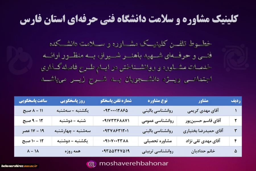 کلینیک مشاوره و سلامت دانشگاه فنی و حرفه ای استان فارس(شهید باهنر)  2