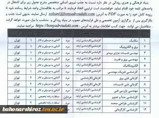 جذب نیروی انسانی متخصص توسط بنیاد فرهنگی و هنری رودکی جهت اشتغال در واحدهای تابعه خود طبق جدول پیوست