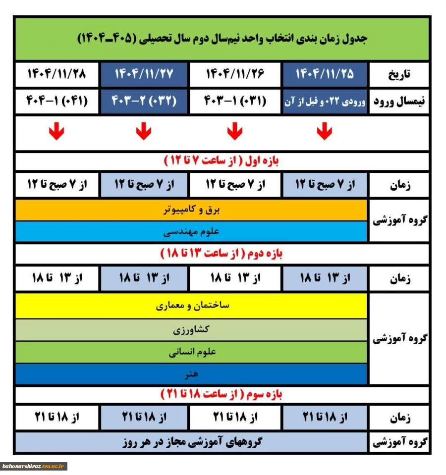 جدول زمانبندی انتخاب واحد و حذف و اضافه نیمسال بهمن 1404 2