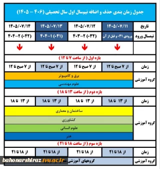جدول زمانبندی حذف و اضافه مهر 1405
